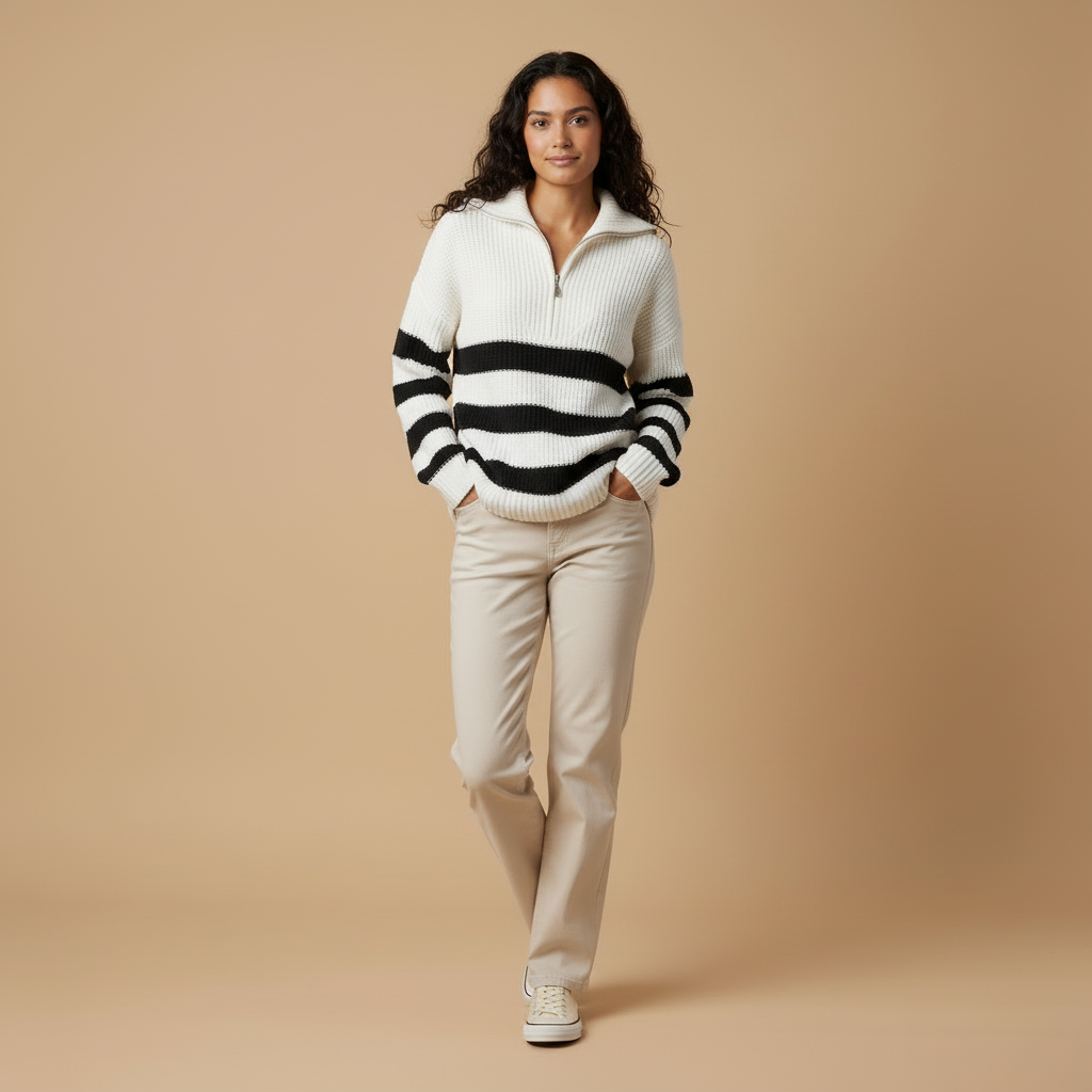 Noemi – Striped Knit Half-Zip Sweater
